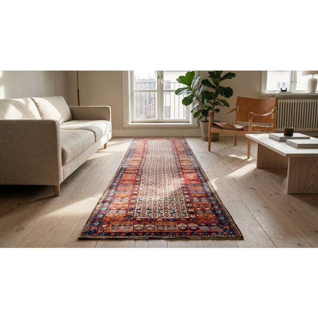 1900s Ivory Geometric Tribal Antique W. Persian Kurdish Runner Rug 3'6" X 14'6" Handknotted Wool Carpet For Sale In New York - Image 6 of 8