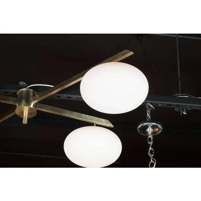 Mid-Century Modern Brushed Brass & Frosted Glass Four-Arm Globe Chandelier For Sale - Image 3 of 9