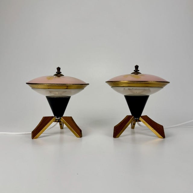 1950s Small Mid-Century Modern Italian UFO Table Lamps in Teak, 1950s, Set of 2 For Sale - Image 5 of 5
