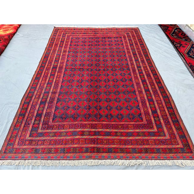 Tribal Good Quality Red and Navy Mushwani Andkhoy Hand-Woven Wool Rug - 6'8" X 10' For Sale - Image 3 of 12