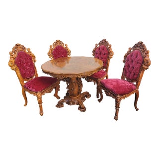 Antique Carved & Inlaid Rococo Revival Italian Round Dining Set-Set of 5 For Sale