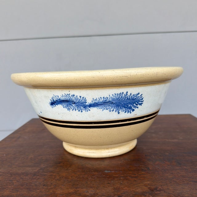 Farmhouse Antique English Yellowware Mixing Bowl With Blue Seaweed Decoration, Circa 1840s For Sale - Image 3 of 12
