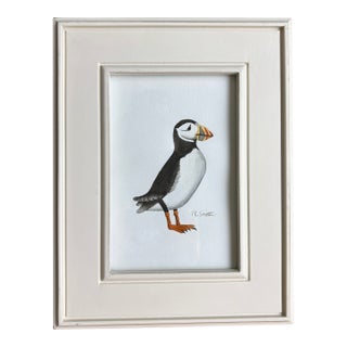 Little Puffin Original Watercolor Painting Signed and Framed For Sale