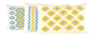 Lemon & Aqua Ikat Lumbar Linen Pillow Set- 3 Pieces