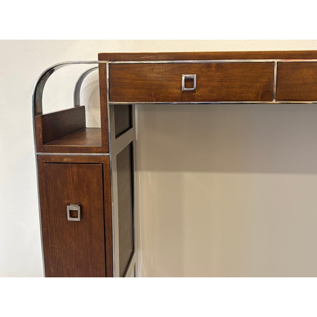 console table with drawers in steel, leather and wood, France 1980.