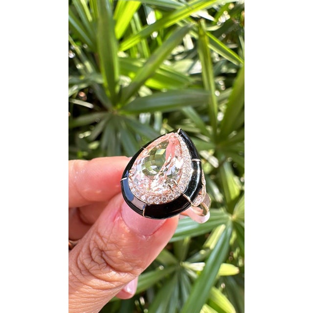 Art Deco Set in 18k Rose Gold, Morganite, Black Enamel & Diamonds Engagement Ring, Us Size 6 For Sale - Image 3 of 10