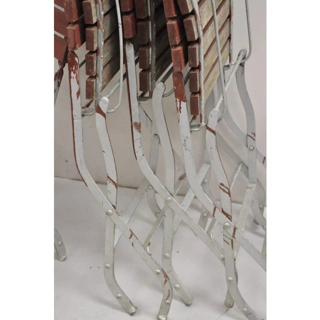 Metal Late 20th Century French Country Style Wood Slat Iron Frame Folding Garden Chairs - Set of 4 For Sale - Image 7 of 12