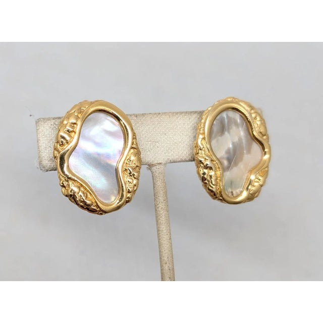 White Vintage Signed Napier Modernist Goldtone Mother-of-Pearl Clip Earrings, 1982 For Sale - Image 8 of 8