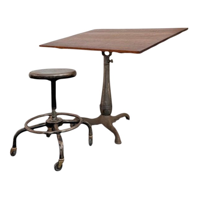 Early 20th Century Industrial Chestnut and Cast Iron Drafting Table For Sale