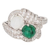 Early 20th Century Vintage Art Deco Ring Emerald Moonstone Diamond Sz 10 Fine Estate Jewelry For Sale