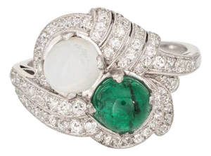 Early 20th Century Vintage Art Deco Ring Emerald Moonstone Diamond Sz 10 Fine Estate Jewelry