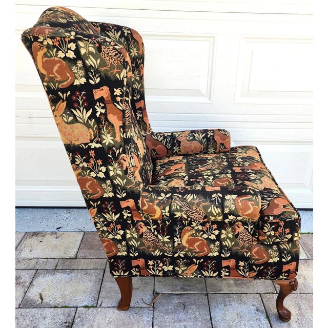 French Country Vintage Robert Allen Chippendale Wingback Armchair French Country Farmhouse Animals For Sale - Image 3 of 11