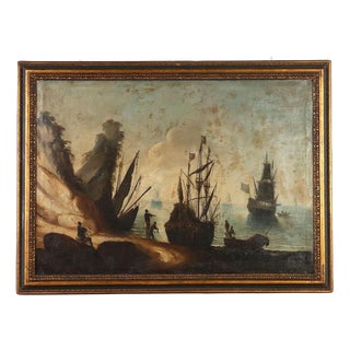 After Claude Joseph Vernet, Seascape with Ships and Characters, Oil Painting on Canvas, Framed For Sale