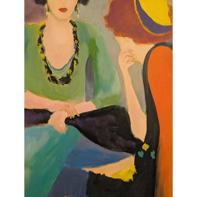 The Café Conversation This painting creates an intimate, atmospheric scene featuring two women, likely set in the 1920s or...