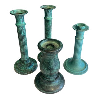 Vintage Green Marbled Painted Metal Candlesticks, Mismatched- Set of 4 For Sale