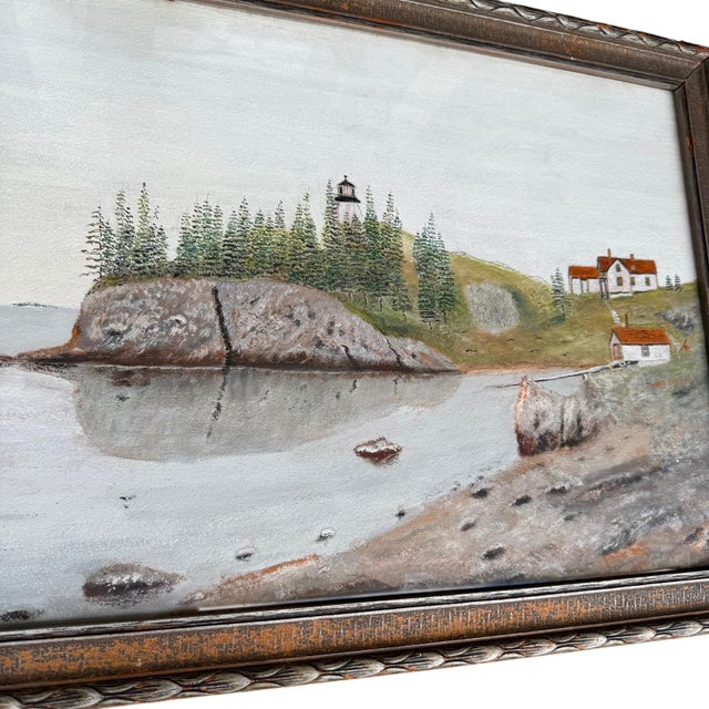 1930s Vintage Maine Coastline Painting • Maritime Oil on Board • Lighthouse Seascape For Sale - Image 5 of 8