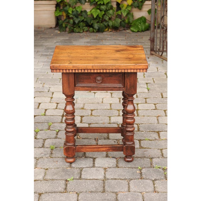 Italian Italian 1870s Walnut Side Table with Dentil Molding, Drawer and Turned Base For Sale - Image 3 of 11