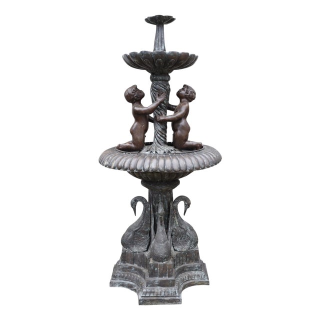 Bronze Cherub Fountain Classical French Verdis Gris Swan Tiered Base For Sale