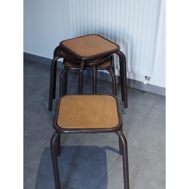 Brown Vintage Industrial Stackable Bar Stools from Mullca, France, 1950s, Set of 4 For Sale - Image 8 of 16