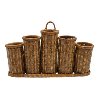 Vintage Rattan Woven Condiment/ Utensil Holder Caddy For Sale