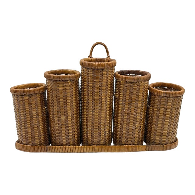 Vintage Rattan Woven Condiment/ Utensil Holder Caddy For Sale