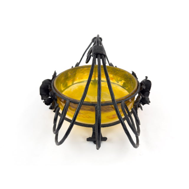 Signed Degué Art Deco Marbled Glass Centerpiece Bowl in Wrought Iron Mount, France 1930s For Sale - Image 9 of 18