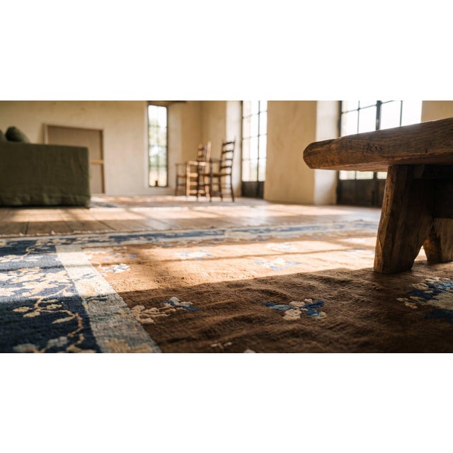 Textile 1920s Brown Floral Medallion Antique Chinese Peking Rug 9'0"x 11'6" Handknotted Wool Carpet For Sale - Image 7 of 9