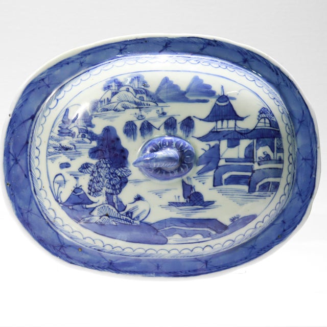 Blue Antique Blue & White Canton Chinese Export Porcelain Miniature Sauce Tureen For Sale - Image 8 of 12
