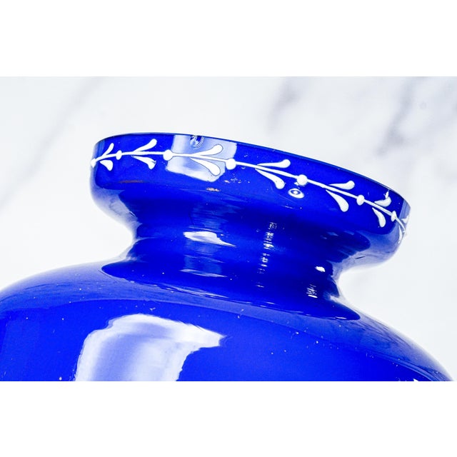 Striking Cobalt Blue and Hand Painted White Dragon Fly Flower Design Antique Victorian Decorative Vase For Sale - Image 10 of 17