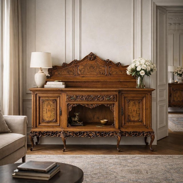 1940s 1940s Continental Carved Walnut Sideboard Cabinet With Sculptural Apron For Sale - Image 5 of 18