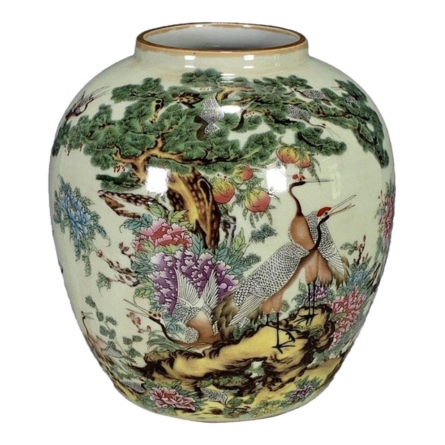 Vintage Chinese Celadon Famille Rose "Crane & Pine" Jar With Marchant London Label For Sale