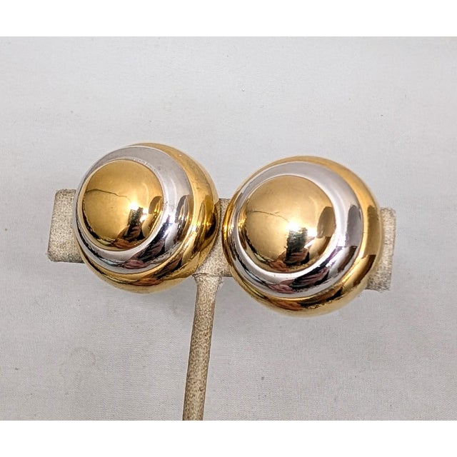 Metal Vintage 1980s Signed Lanvin Paris Goldtone & Rhodium Plated Round Domed Clip Earrings-2 Pieces For Sale - Image 7 of 7
