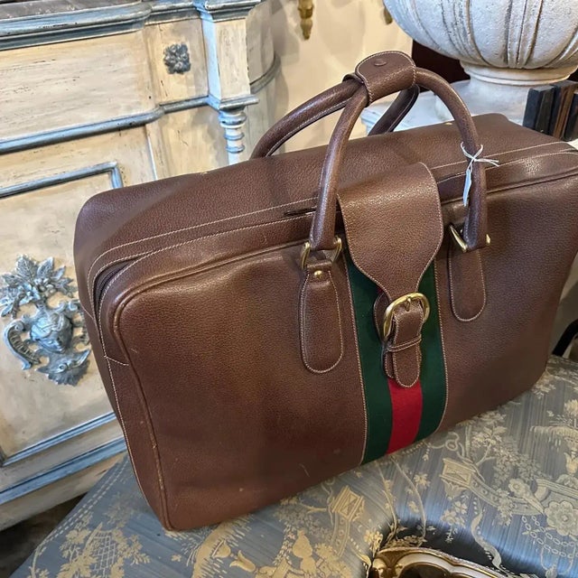 1970s Iconic Brown Leather and Red and Green Web Stripe Suitcase by Gucci For Sale - Image 9 of 11