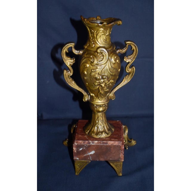 Antique French Rococo Metal Urn Vase Marble Base Mantle Garniture 19th C For Sale - Image 10 of 17