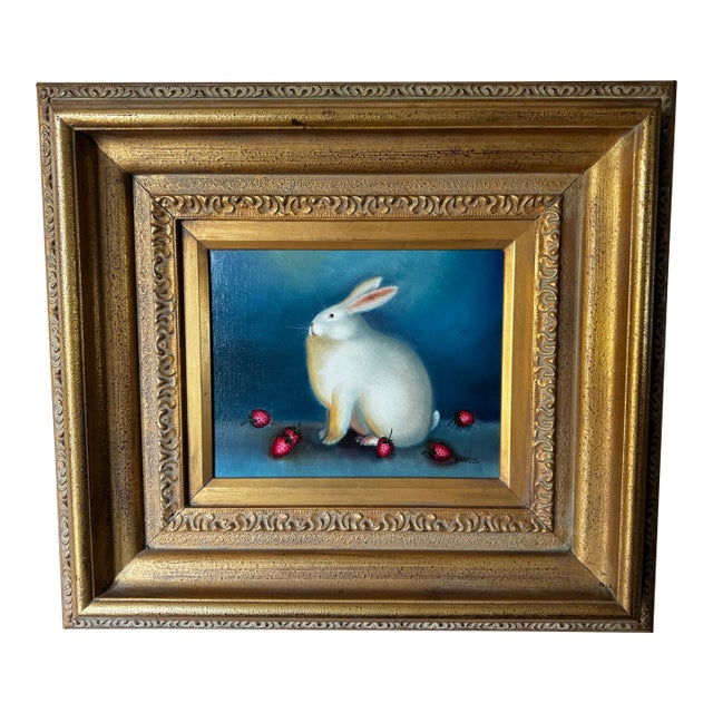 1990s Harris Signed Rabbit and Strawberries Painting, Framed For Sale