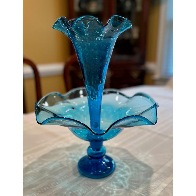 Beautiful vintage Fenton Peacock blue glass single horn epergne. Also called a 'Trumpet Vase' this type of centerpiece...