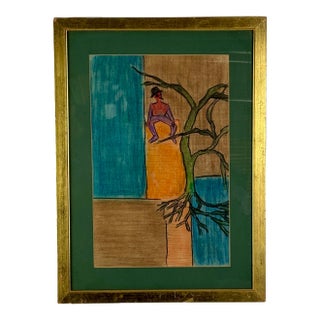 Late 20th Century Framed Original Painting by Woody Allen's First Wife Harlene Allen, Whimsical Man in Tree For Sale