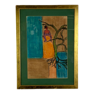 Late 20th Century Framed Original Painting by Woody Allen's First Wife Harlene Allen, Whimsical Man in Tree