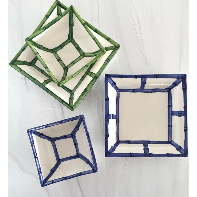 2020s Fret Rim Tray — Italian Hand-Painted Ceramic, Bamboo Motif, Navy For Sale - Image 5 of 5