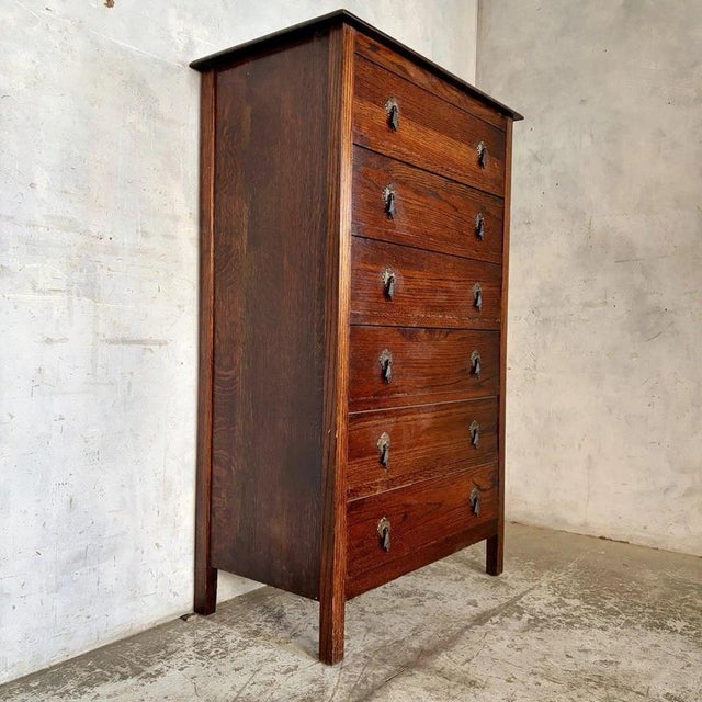 Metal Antique Arts & Crafts Oak Tallboy Chest of Drawers For Sale - Image 7 of 7
