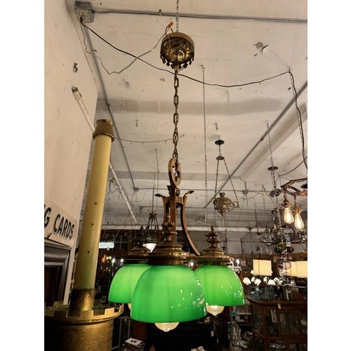Antique Brass Neo Gothic Three Green Globe Ceiling Pendant Light Rewired For Sale - Image 4 of 10