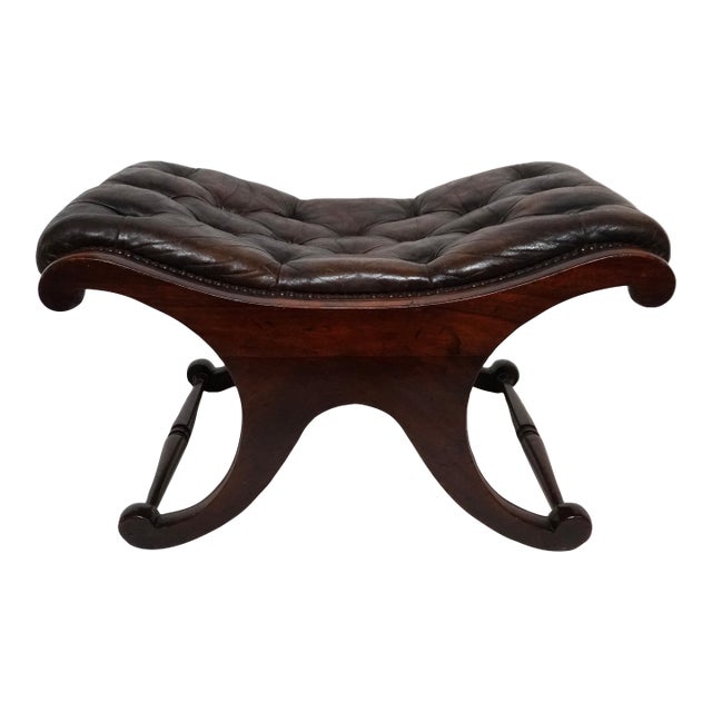 1920s Brown Leather Chesterfield Tufted Stool For Sale