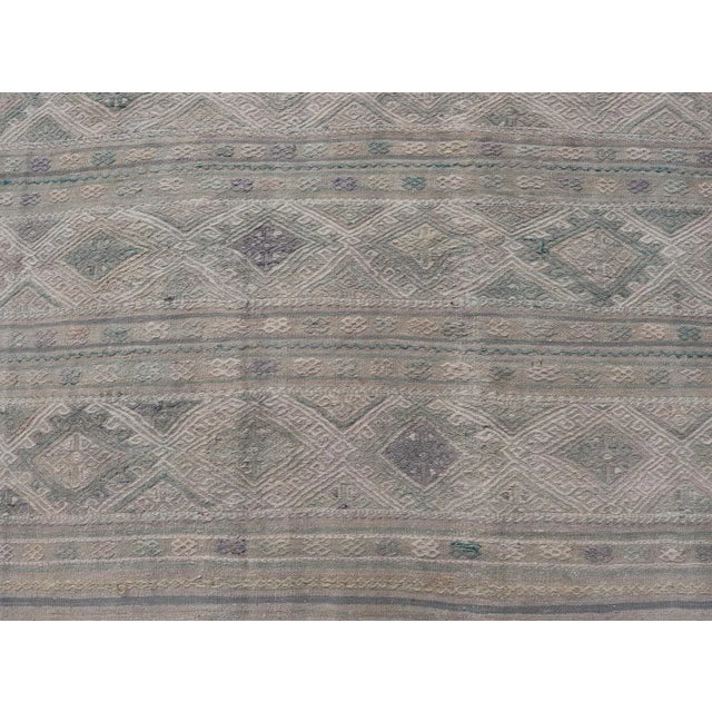 Mid 20th Century Vintage Turkish Flat-Weave Kilim With Stripes and Embroideries With Gray-Green For Sale - Image 10 of 12