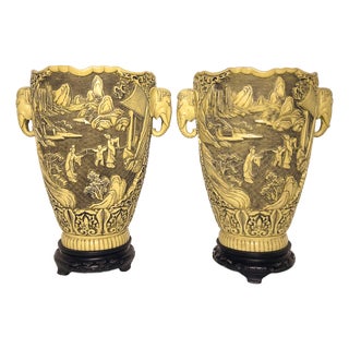 Asian-Oriental Vases in Carved Ivory-Colored Resin, 1970s, Set of 2 For Sale