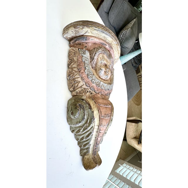 Green Pair Spanish Colonial Wood Polychrome Cherub Corbel Wall Brackets For Sale - Image 8 of 17