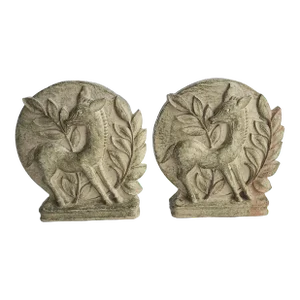 Vintage Art Deco 1940s Deer Fawn Leaf Woodland Botanical Bookends - a Pair