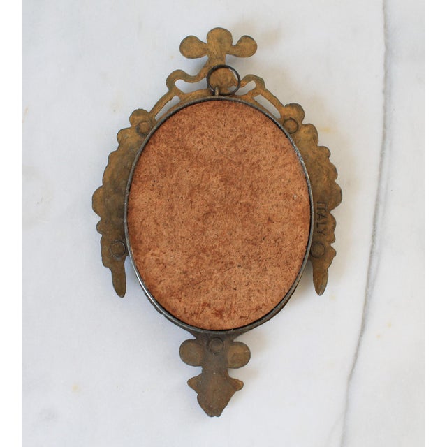 Mid 20th Century Italian Ornate Brass Oval Frame Floral Print Wall Hanging For Sale - Image 5 of 5