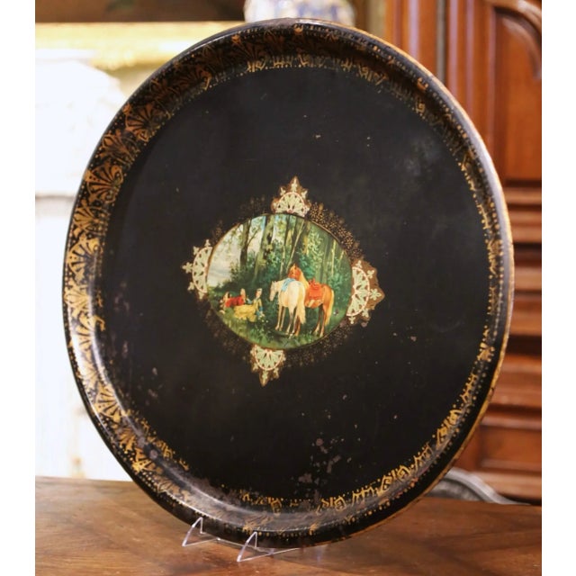 Late 19th Century 19th Century French Napoleon III Oval Tole Tray With Hand Painted Medallion For Sale - Image 5 of 9