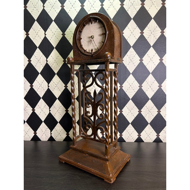 1970s Grand Old World Ironwork Table Clock With Architectural Scrollwork, 25" For Sale In Boston - Image 6 of 18