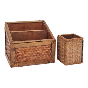 Vintage Boho Chic Bamboo and Cane Desk Set - Letter Holder and Pencil Cup